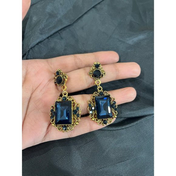 navy blue earrings gold chandelier dark blue wedding  navy crystal earrings big - Picture 7 of 7